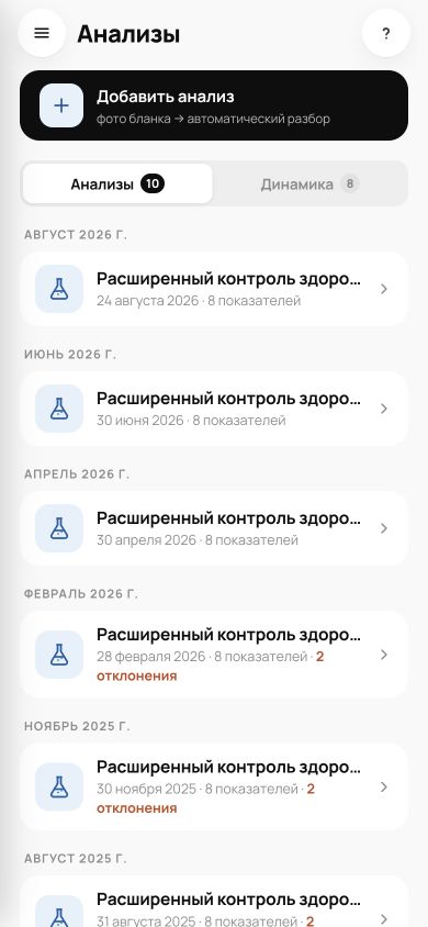 Реальный список анализов с кнопкой автоматического разбора Levo